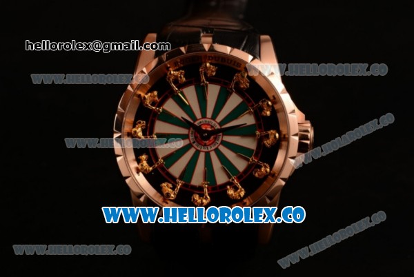 Roger Dubuis Excalibur Knights of the Round Table II Citizen 6T51 Manual Winding Rose Gold Case with White/Green Dial and Black Leather Strap - (AAAF) - Click Image to Close